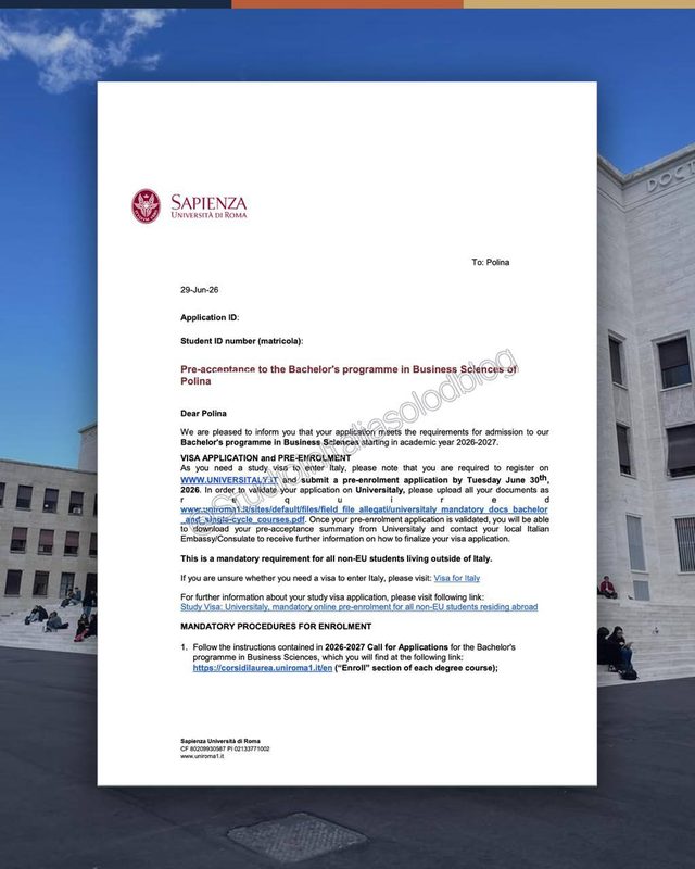 Письмо о предварительном зачислении, Sapienza